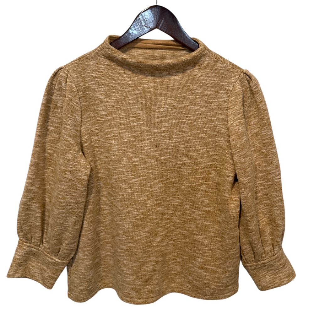 Madewell Space Dye Mock Neck Puff Sleeve Knit Top Tan Marled Sz S Retro Romantic